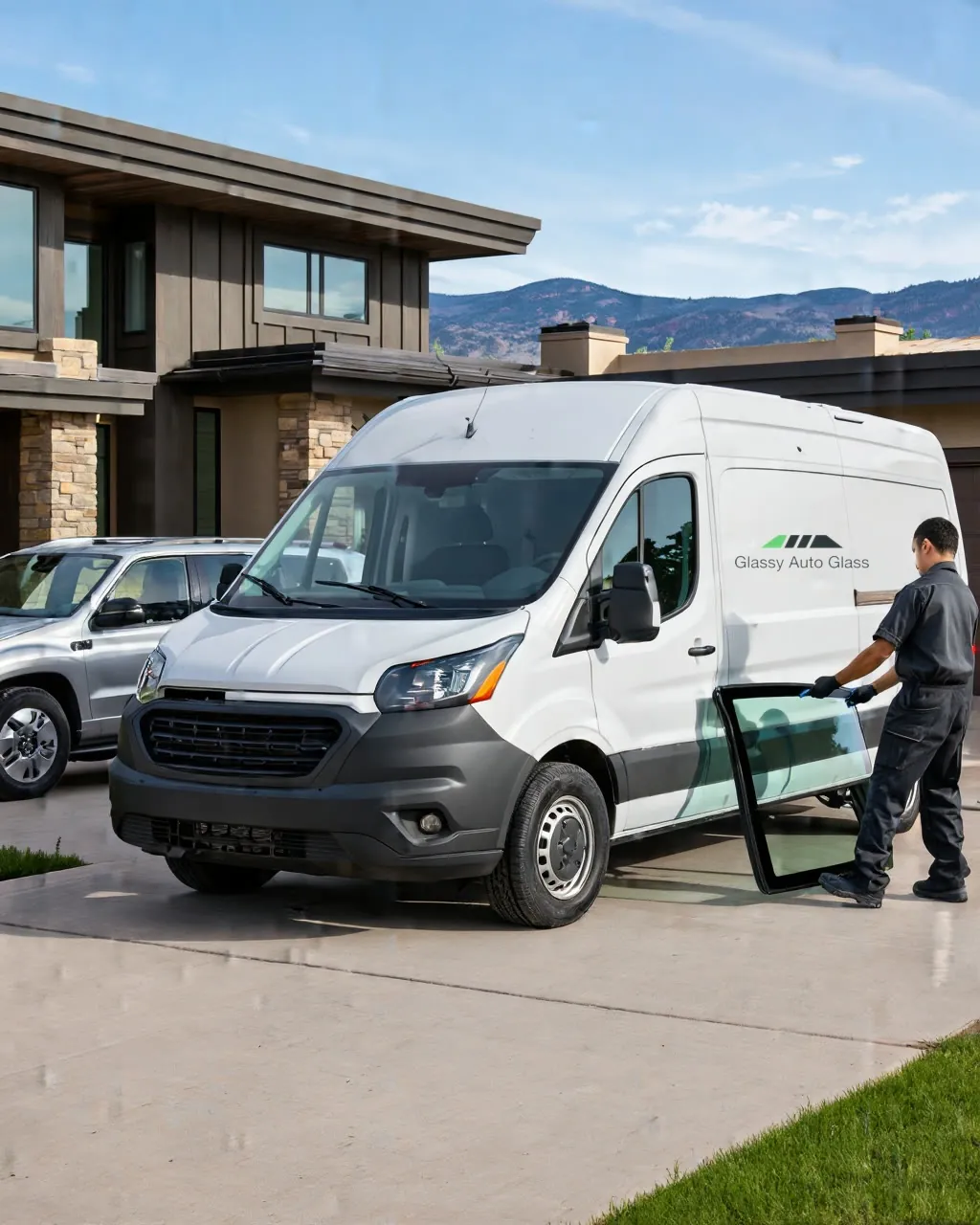 Glassy Auto Glass service van at a Denver home