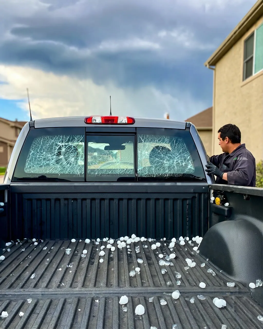 Hail-shattered F-150 rear slider